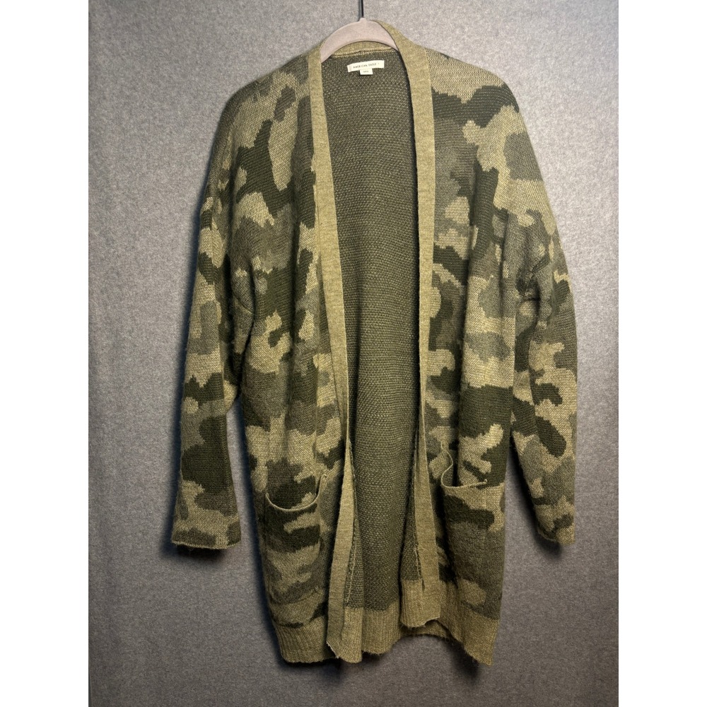American Eagle Camo Open Front Cardigan Olive Green Grunge Cozy Sweater